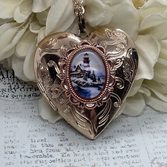 Beach Sailor Lighthouse Mom Wife Christmas Rose Gold Heart Locket Anniversary - Picture 7 of 13